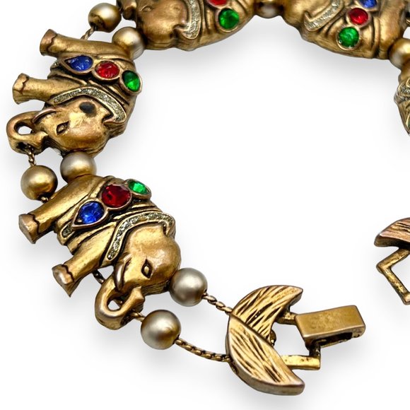 Vintage Brass & Mogul Red/Blue/Green Rhinestone Elephant Charm Slide Bracelet - Picture 6 of 9
